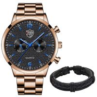 ⌚เป็นทางการสุดหรู Männer Uhren Mänlichen Edelstahl เรืองแสงอะนาล็อก Quarz Armbanduhr Männer Leder Armband Reloj Hombre