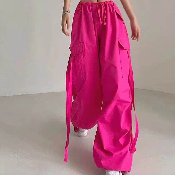 Women Casual Streetwear Cargo Pants Wide Leg Straight Drawstring Long