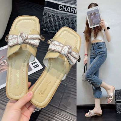 Bow New All-Match Fairy Style Non-Slip Simple Slippers Flat Fashion Beach Slippers Womens Summer Outer Wear