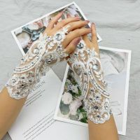 ■❀▬ TG-17 Exquisite Wedding Bridal Gloves Lace Crystal Short White Fingerless Bridesmaid Women Pageant Perform Prom Gloves