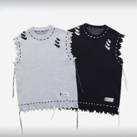 HOUZHOU Punk ถักเสื้อกันหนาว Ripped ผู้ชายขนาดใหญ่แขนกุด Pullover Darkwear Goth Distressed Casual Streetwear Hip Hop