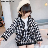 BAOLONGXIN Fashion Girls Little Fragrant Style Retro Black and White Plaid Wool Jacket + Short Skirt Two-piece Skirt Childrens Suit oig