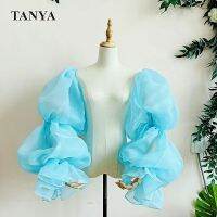 卐❍ Sky Blue Organza Puffy Detachable Sleeves For Wedding Up And Down Party Translusent Elegant Full Length Gloves Dance Accessories