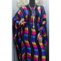 Dashikiage ชุดแมกซี่พิมพ์ลายทางสีรุ้งสำหรับผู้หญิงคอกลมแขนค้างคาวชุด Boubou African Abayas ปาร์ตี้ตอนเย็น