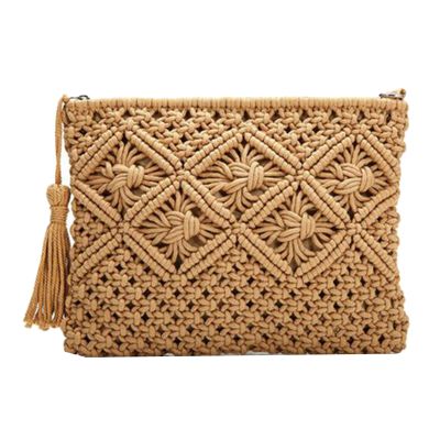Womens Hand-Woven Cotton Bag Straw Woven Bag Coin Purse Bag Clutch Bag Tassel Bag Khaki