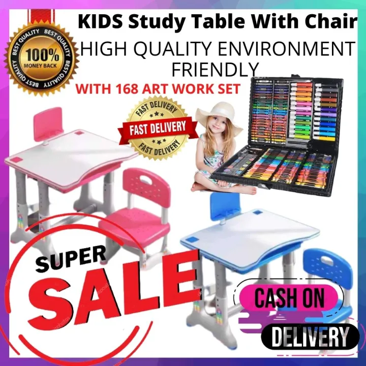 Kids Study Desk And Chair Set, Height Adjustable Writing Table With