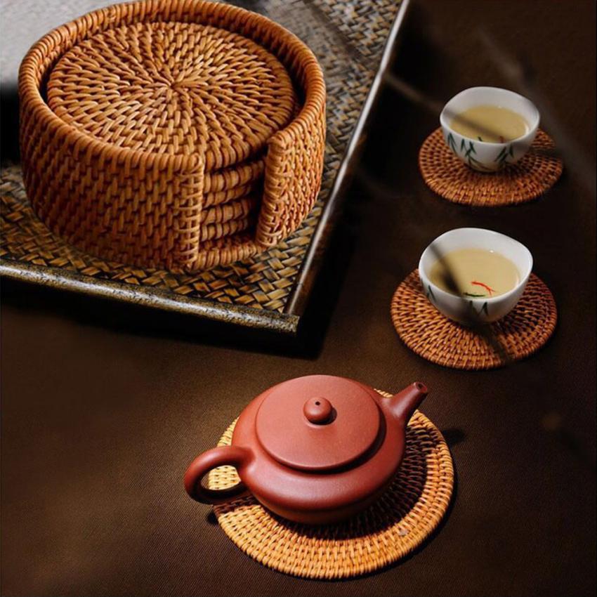 Vintage Round Serving Mat Bamboo Teapot Cup Coaster Saucer Tray Kitchen #5 