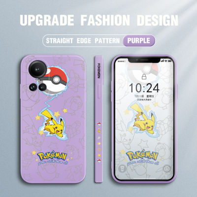 GGK เคสสำหรับ OPPO Reno10 Pro 5G เคสโทรศัพท์ดีไซน์ด้านข้างการ์ตูน Pokemon ปิกาจูรูปแบบขอบสี่เหลี่ยมของเหลวปลอกซิลิโคนคลุมทั้งหมดเคสกล้อง