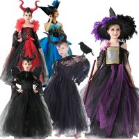 2022 New Maleficent Halloween Costume Dress Deluxe Girls Fancy Christening Black Glam Gown Tutu Dress Kids Demon witch Clothes