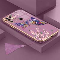 เคสสำหรับ Infinix Hot 10 Infinix X682หรูหราผีเสื้อสวยงามพร้อมกล้องดอกไม้เคสโทรศัพท์ขอบชุบฝาครอบซิลิโคนนิ่มพร้อมฟรีสายคล้อง