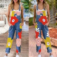 COD DSGERTRYTYIIO New womes floral printed demin jumpsuit blue loose Overalls Large Size long Pants Casual Denim Jumpsuits