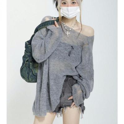 สีเทากลวงออกเสื้อกันหนาวผู้หญิงเสื้อผ้าแขนยาวแฟชั่นเกาหลีเสื้อถักสุภาพสตรีจัมเปอร์เก๋ O Versize 2022ฤดูใบไม้ร่วง