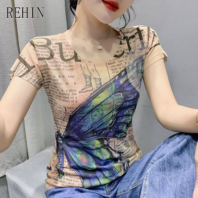REHIN ผู้หญิงฤดูร้อน2022ฤดูร้อนใหม่แฟชั่นที่ไม่ซ้ำกันพิมพ์สั้นเสื้อยืด Bottoming เสื้อ S-3XL Slim Fit เสื้อ