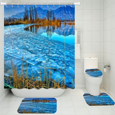 34 Piece Blue Ice World Bathroom Accessories Waterproof Shower Curtain Toilet Lid Cover Bath Carpet Bathtub Decor Bathroom Set