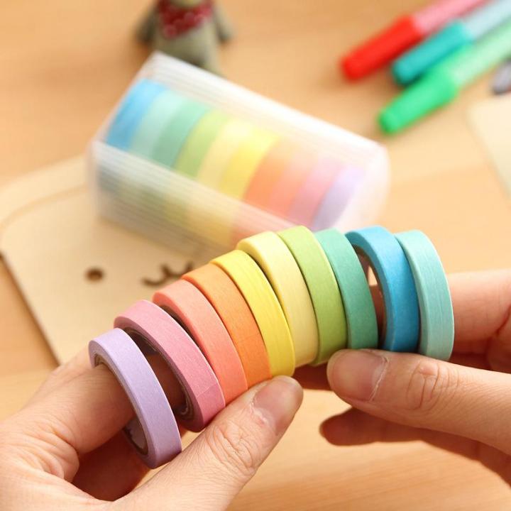 เทป-เทปกาวเทปกระดาษสติกเกอร์ญี่ปุ่นสีทึบสีรุ้ง10ชิ้น-กล่องเทปกาวตกแต่งสมุดภาพแบบทำมือเทป-amp-เครื่องจ่ายได้มากเทปกระดาษญี่ปุ่น