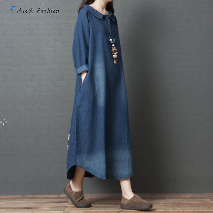 huax-women-denim-shirt-dress-fashion-clothing-lapel-long-sleeves-a-line-skirt-loose-large-size-midi-skirt