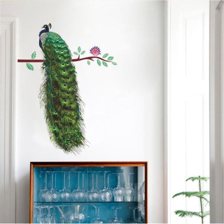 1pc-beautiful-green-peacock-on-the-branch-feathers-wall-sticker-for-bedroom-living-room-blank-background-diy-home-decor-30-90cm