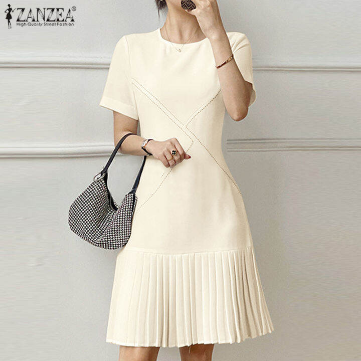 Zanzea Korean Style Women Elegant Solid O Neck Short Sleeve Midi Dresses Ladies Casual Pleated