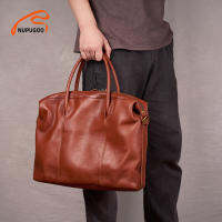 NUPUGO ของแท้หนัง Vintage กระเป๋าถือกระเป๋าผู้ชาย Brown สีน้ำตาล Crossbody กระเป๋า Cowhide Office 14นิ้วกระเป๋าแล็ปท็อป