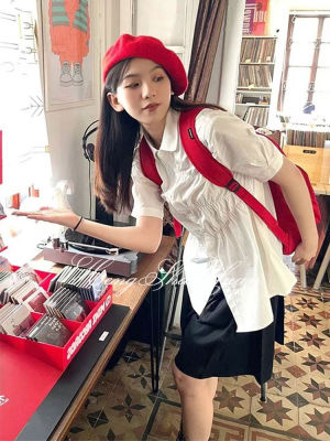 HengShanYuan เสื้อแขนสั้นผู้หญิงฤดูร้อนการออกแบบความรู้สึกเสื้อเชิ้ตจีบสีพื้น
