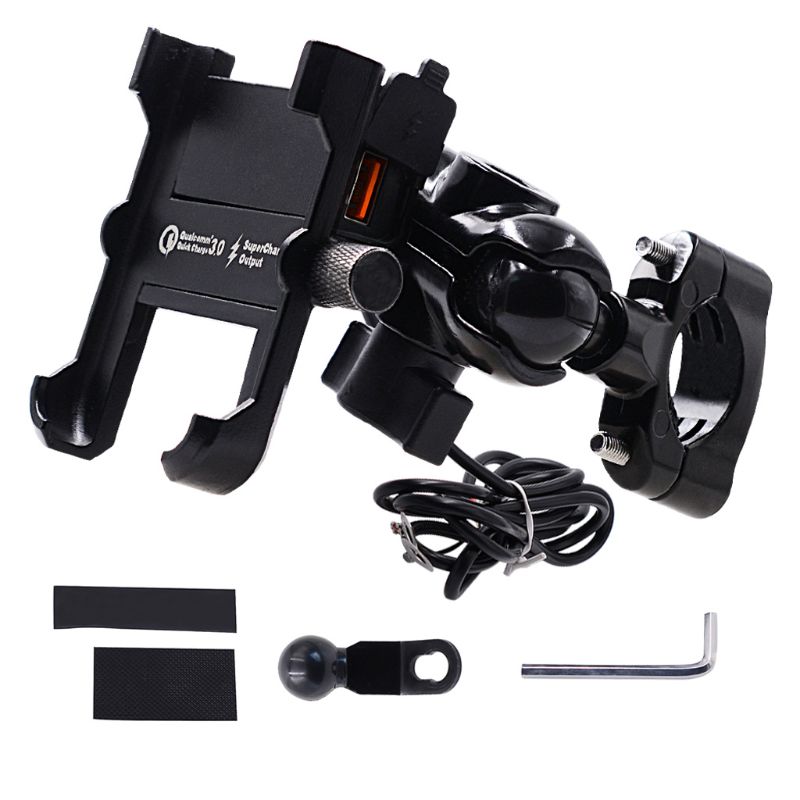 Waterproof Metal Motorcycle Smart Phone Mount with QC 3.0 USB Quick Charger Motorbike Mirror Handlebar Stand Holder for Samsung 4.3-6.7 inch Mobile Phone