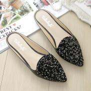 Newland Dép đế bằng làm từ da có đính đá Rhinestone lấp lánh ở mũi dép