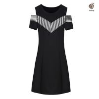 Women Summer Off Shoulder Dress Short Sleeves Slim Fit Middle Waist Casual Dress