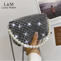 Luxury Women Diamond Designer Handbag Pearl Beading Top Handle Crossbody Bag Small Chain Shoulder Bag Black Clutch Purse X750H