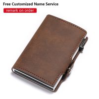 BISI GORO Custom Name Card Holder Leather Purses Men RFID Blocking Aluminum Box Smart Multifunction Slim Wallet Case Card Holder