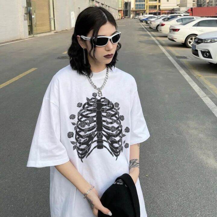 เสื้อยืดผู้หญิง-skeleton-พิมพ์-grunge-aesthetic-goth-t-เสื้อ-dark-edgy-แฟชั่น-streetwear-กราฟิกเสื้อ-gothic-unisex-tops