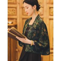 【CW】 2023 improved national style chinese song dynasty jacket trumpet half sleeve flower printed short women hanfu top g923