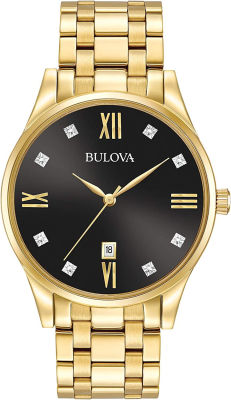 Bulova Mens Classic Stainless Steel Watch with Diamonds and Day Date Classic Sutton Quartz Gold-Tone Stainless Steel Bracelet Diamond Gold Tone/ Black Dial