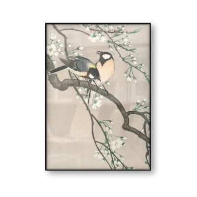 Chickadees On Cherry Branch - Ohara Koson Vintage Japanese Art Poster Woodblock Canvas Print - Bird Fine Art Blossoms Wall Art Decor-ไม่ซ้ำใครและสะดุดตา