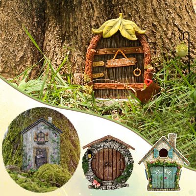 ☢ Miniature Mini Wooden Door Fairy Gnome Door Microscopic Statue Home Yard Art Tree Sculpture Ornament Outdoor Garden Decor