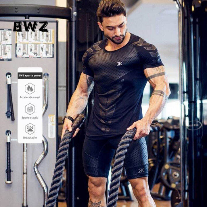 Free shipping】BWZ SPORT STORE Fitness clothes coach sports T-shirt muscle  tights men's brother high elastic training quick-drying clothes  short-sleeved fitness clothes men MT 