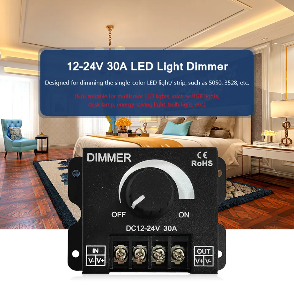 LED Light Strip Dimmer, DC 12V-24V 30A PWM Dimming Controller for
