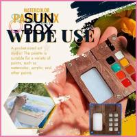 SUN BOX งานทำมือ การออกแบบใหม่ อุปกรณ์วาดภาพระบายสี ทำจากไม้ แบบพกพาได้ จานสีทา กล่องถาดสีสำหรับเดินทาง จานสีน้ำสี กล่องผสมสี พาเลตต์กล่องเปล่าวอลนัทสีดำ