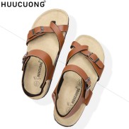 Sandal Unisex HuuCuong xỏ ngón pu nâu đế trấu handmade