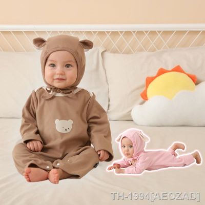 ◐ Romper de bebê com chapéu urso dos desenhos animados manga comprida criança macacão infantil algodão primavera outono