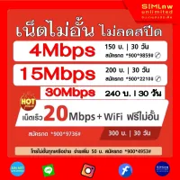 ซิมเทพ TRUE เล่นเน็ตไม่อั้น ไม่ลดสปีด ความเร็ว 4Mbps (เดือนละ150฿), 15Mbps(เดือนละ200฿), 20Mbps(เดือนละ300฿), 30Mbps(เดือนละ220฿) มีบริการลงทะเบียนซิมฟรี