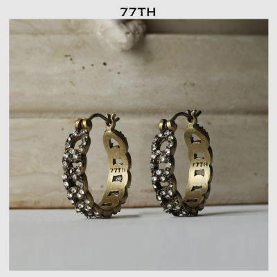 77TH-Crystals Chain Brass Earrings ต่างหูห่วงรูปโซ่ประดับคริสตัลสีทองเหลือง