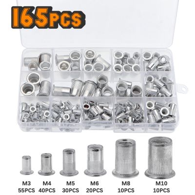 165pcs M3 M4 M5 M6 M8 M10 Rivet Nuts Set Aluminum Alloy Flat Head Rivet Nuts Insert Rivets with Plastic Box Mix Sizes