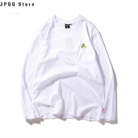 JPQQ Store เสื้อยืดปักลายใบโคลเวอร์สี่ใบสดใสขนาดเล็กแฟชั่นแบบใหม่ในฤดูใบไม้ร่วงสำหรับทั้งหญิงและชายสีทึบแขนยาวของผู้หญิงเสื้อยืดยาวถึงก้น