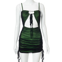 Women Sexy Black Mesh Patchwork Bodycon Mini Dress Spaghetti Strap Cut Out Green Dress Lace Up Ruched Slim UK Robe 2021 Summer