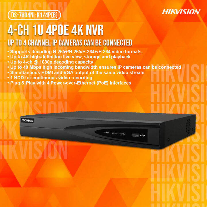 Hikvision DS-7604NI-K1/4P(B) 4-ch 1U 4 PoE 4K NVR | Hikvision | DS ...