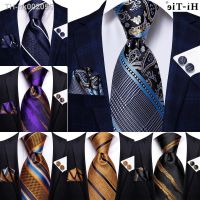 ℡✾ Hi-Tie Navy Blue Striped Silk Wedding Tie For Men Fashion Design Gift Men Necktie Hanky Cufflink Set Business Party Dropshiping