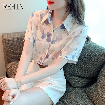 REHIN ของผู้หญิงด้านบน Ins สไตล์ยอดนิยมชีฟองเสื้อแขนสั้นบางส่วนดอกไม้ฤดูร้อนการออกแบบใหม่ซอกหลวมเก๋เสื้อสง่างาม