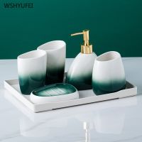 WSHYUFE Nordic Gradient green bathroom Kit simple ceramic toothbrush holder lotion bottle soap box Home fashion wash setTH