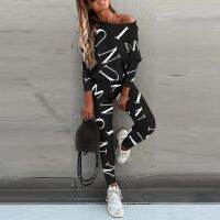 【DT】hot！ Womens Printed Tracksuit Sleeve Round Neck Top Waist Pants Ladies Wear Outfits