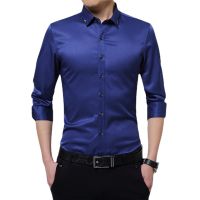 BROWON ยี่ห้อ Silky เสื้อผู้ชายคลาสสิกธุรกิจแขนยาวสีทึบเย็บปักถักร้อยคอ Slim Fit เสื้อยี่ห้อ-Clothing